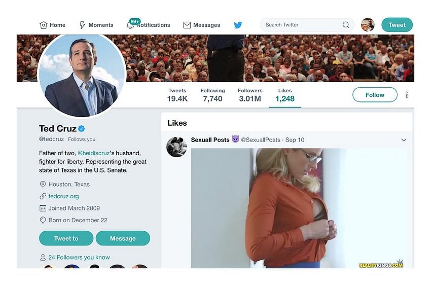 the Ted Cruz twitter account showing a like for reality kings milf hunter porn with Corey Chase