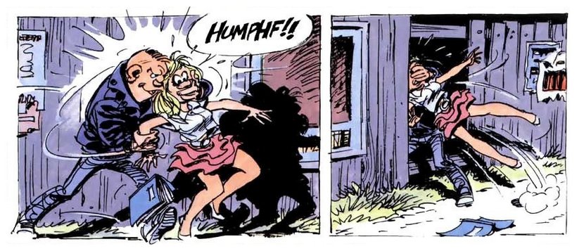 stereotypical stranger-in-an-alley rape drawn in comic book style