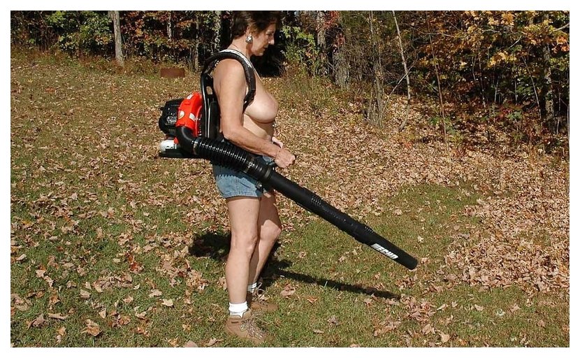 leaf blowing topless babe