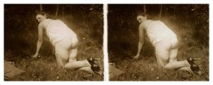 kneeling in woods stereocard